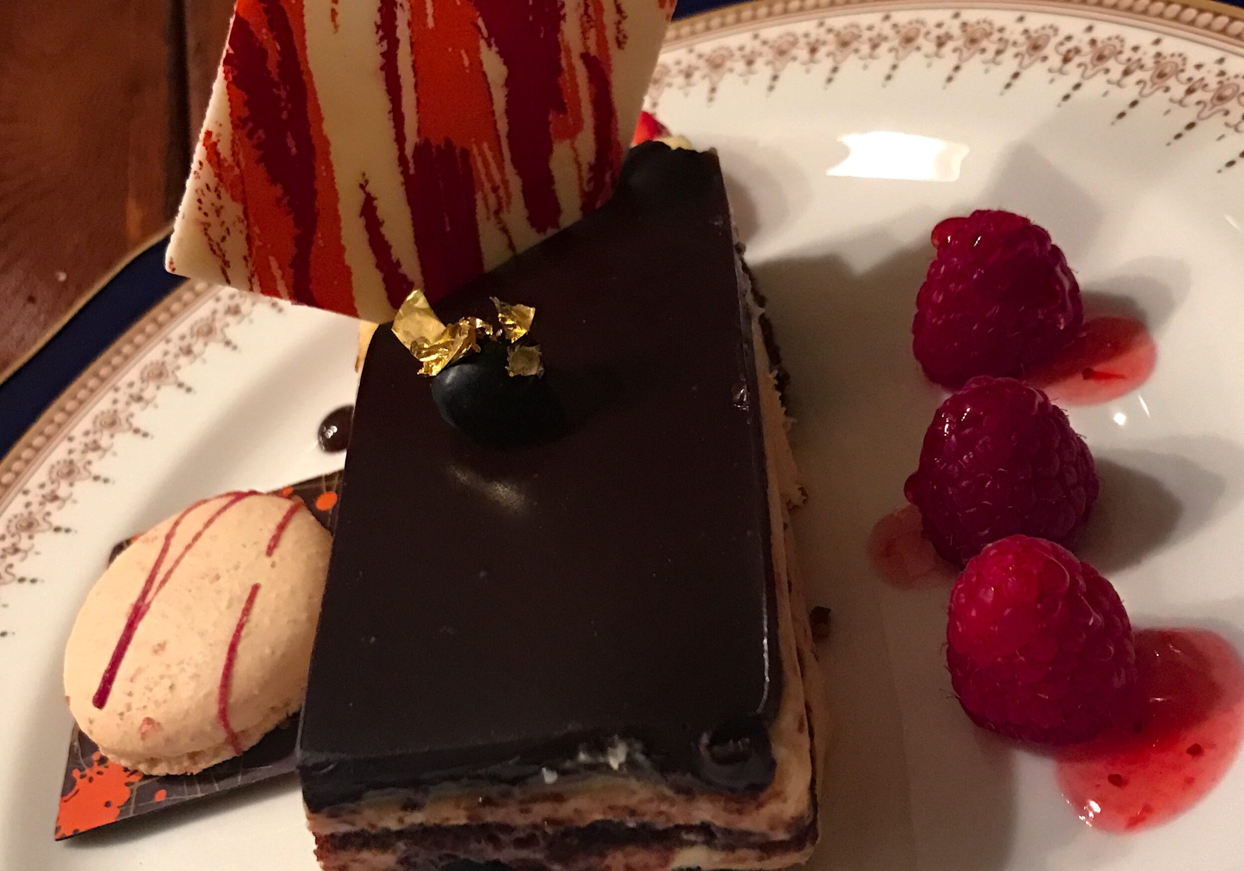 Opera Cake with Macaroon Cookie and Fresh Raspberries